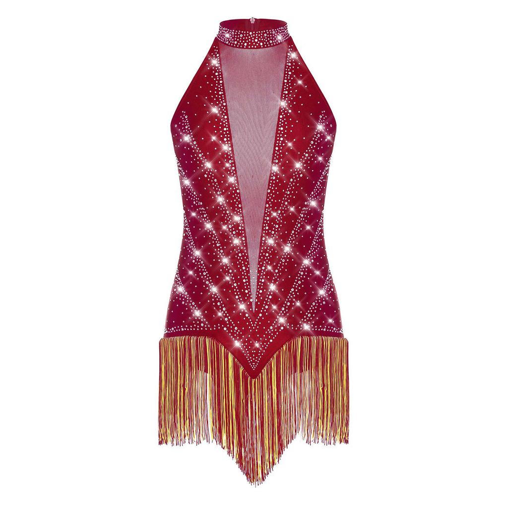 Damen Latein Tanz Trikot Ärmellos Transparentes Mesh Patchwork Glänzende Strasssteine Fransen Body Tango Kostüm