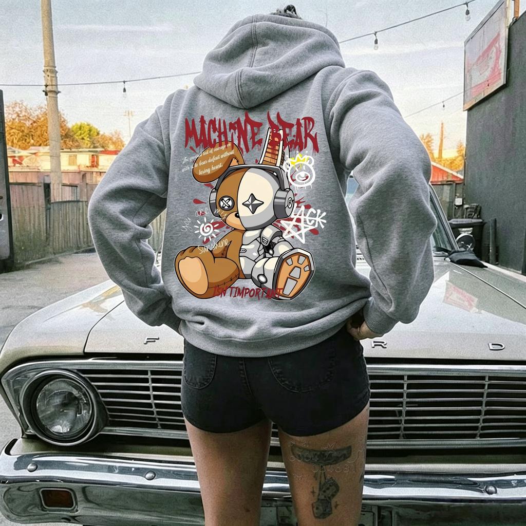 Latest Fall/winter Network Mechanical Rabbit Graffiti Letter Hooded Long-sleeved Pullover with Pockets Street Style Hooded Top