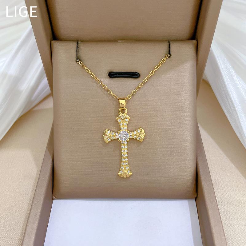 Cross Full Diamond Light Luxury Temperament Gorgeous Full Diamond Necklace Women'S Versatile Collarbone Chain Titanium Steel Chain