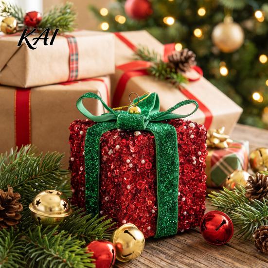 Christmas Window Ornaments Gift Box Ornament with Glitter, 3D Present Hanging Decor Seasonal Indoor Green Ribbon Bow, Holiday Tree Pendant,