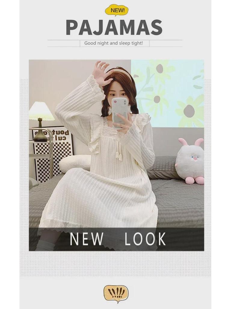 6535 Jacquard Cotton Pajamas - Women's Sweet Long-Sleeve Mid-Length Nightdress, Plus Size (Up To 220 Lbs) for Spring & Autumn