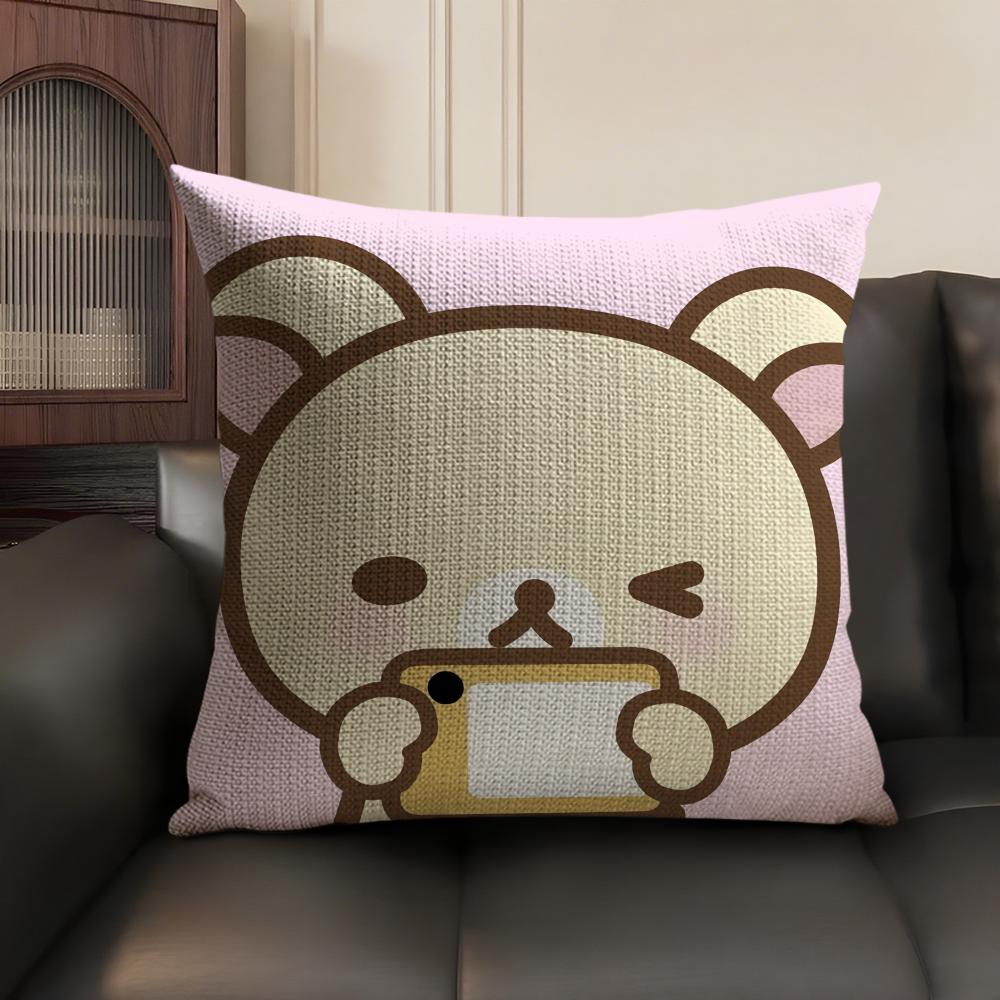 Cute Cartoon Anime R-Rilakkuma Cushion Cover Natural Linen Organic Fabric Double-Sided Printing Sofa Home Decor Gift Pillow Case