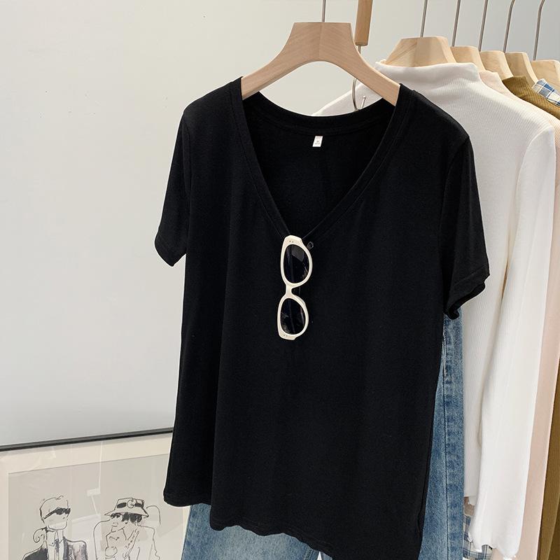 

Женская летняя рубашка свободного кроя с коротким рукавом и V-образным вырезом 2024 года в европейском стиле L