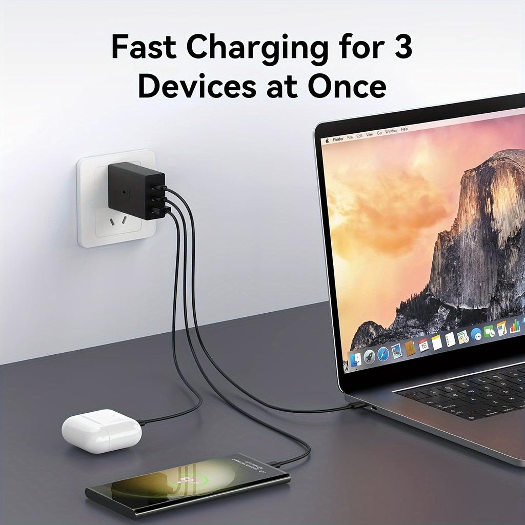 For Laptop Charger , 65W GaN 3 Port USB C Power Adapter With Type C Charging Block For IPhone16/15/14/13, MacBook, IPad, Galaxy