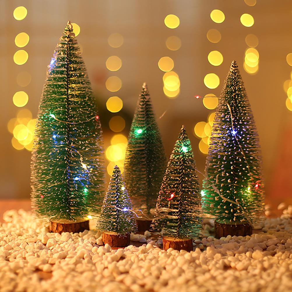 7PCS Christmas Decorations Mini Sisal Christmas Trees Pine Trees Ornaments with Lamp and Wooden