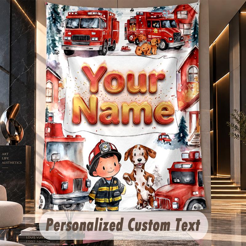 Feuerwehrauto (37) Thema Individueller Wandteppich Personalisierter Benutzerdefinierter Name Text Wandbehang Teppich Heimdekoration Hintergrundtuch