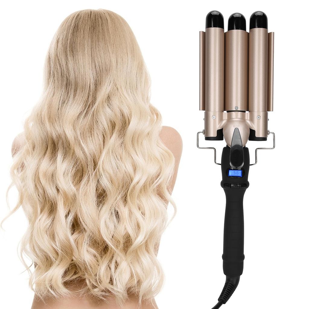 3 Barrel Curling Iron Wand Hair Waver Curler Iron Hair Waving Styling Tools Gold 110‑240VEU P Lug 32mm