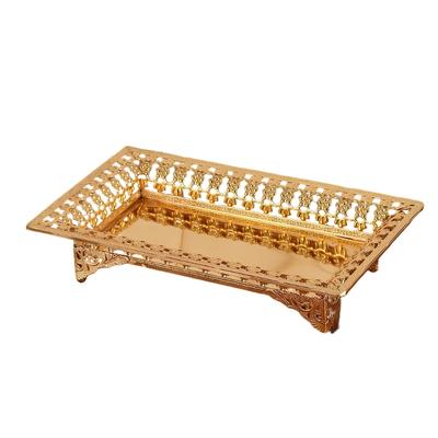 Multipurpose Decorative Iron Tray with Hollow Out Gold Pattern and Rectangular Shape for Fruit and Object Presentation