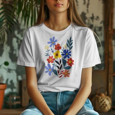 Kwiatowy T-shirt Damski, Kobiecy Wiosenny T-shirt, Koszulka we Wzór Kwiatowy, Uroczy Botaniczny