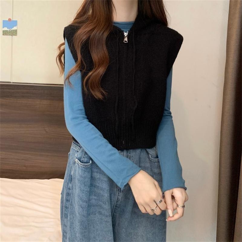 Hooded Vest Women's Versatile Solid Color Cardigan Short Casual Style Jacket Top