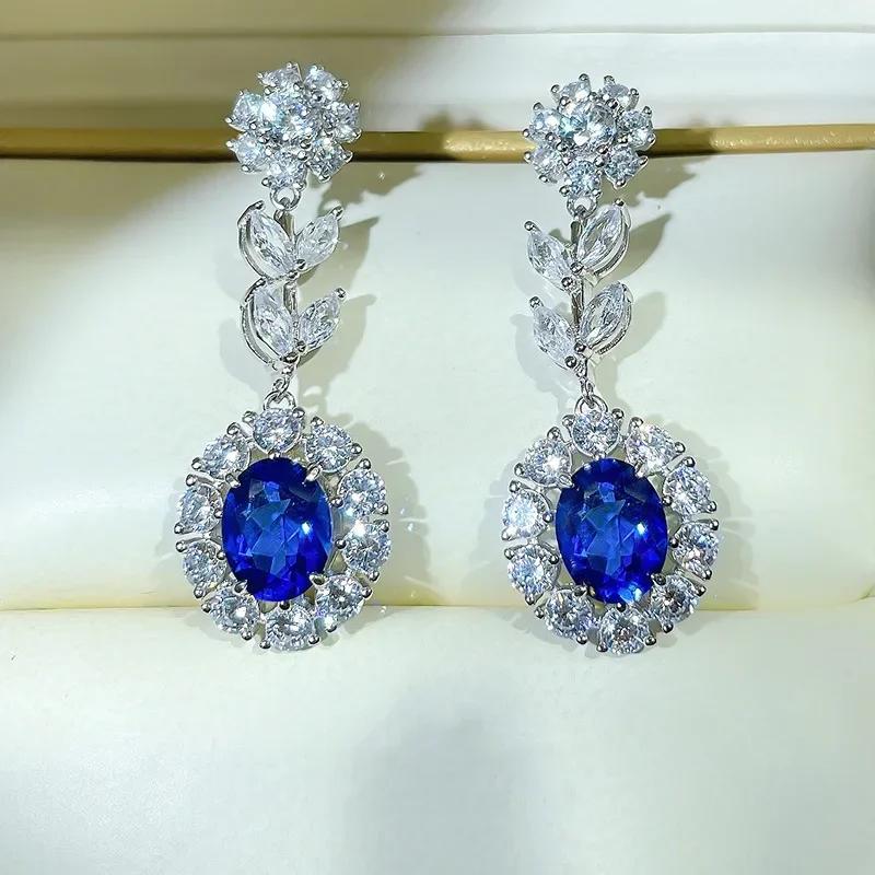 Royal Blue Zircon Oval Earrings Fashionable High-End Design Accessories for Banquets Personalized Simple Zircon