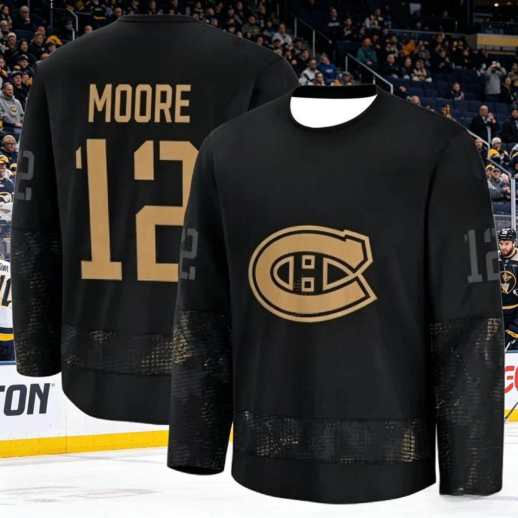 Tuta da Allenamento per Hockey su Ghiaccio Maschile Canadese - Traspirante, Asciugatura Rapida Versione Nera e Oro Manica Lunga Top Famiglia