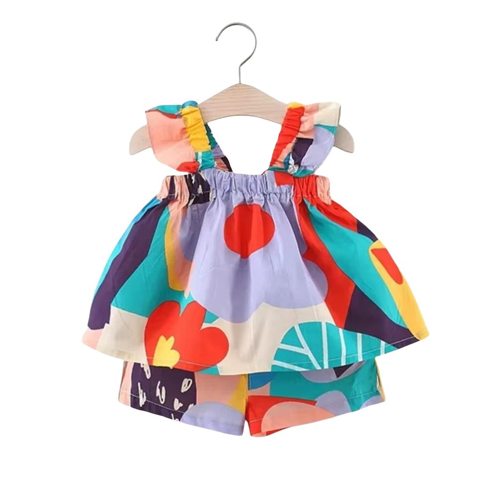 

Топ на подтяжках с цветочным узором, шифоновый костюм для маленьких детей, новый жилет, шорты для лета for 90cm-A