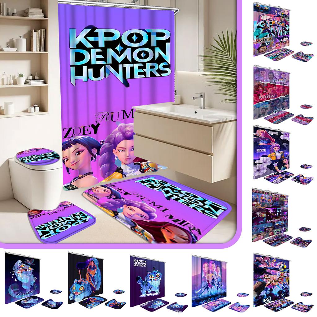 Character Print Bathroom Mat And Shower Curtain 4-Piece Set