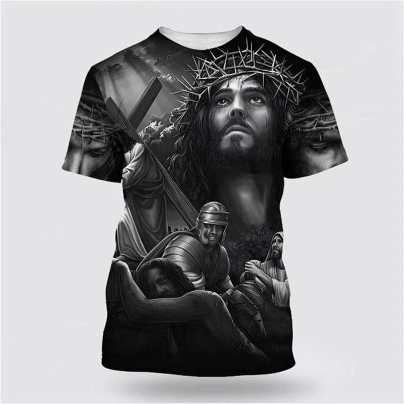 God Religion 3D Printed T-Shirt for Men Christ Jesus Pattern Street Short Sleeve Loose Oversized Tops Tees Daily Casual T Shirts