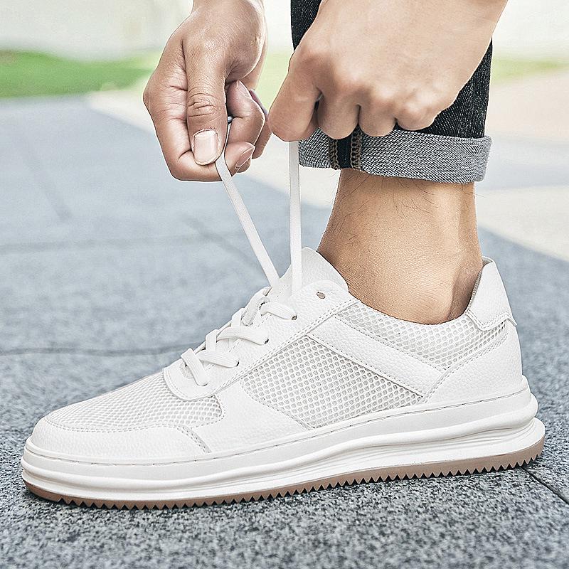 New Men's Breathable Mesh White Sneakers: Thick Sole, Round Toe, Lace-Up, Versatile for Casual and Work Wear