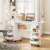 Foldable Sewing Table with 2 Magnetic Doors, Rolling Craft Table with 4 Boxes, 20 Holding Pins, Storage Compartment, White
