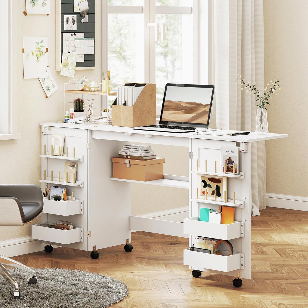 Foldable Sewing Table with 2 Magnetic Doors, Rolling Craft Table with 4 Boxes, 20 Holding Pins, Storage Compartment, White