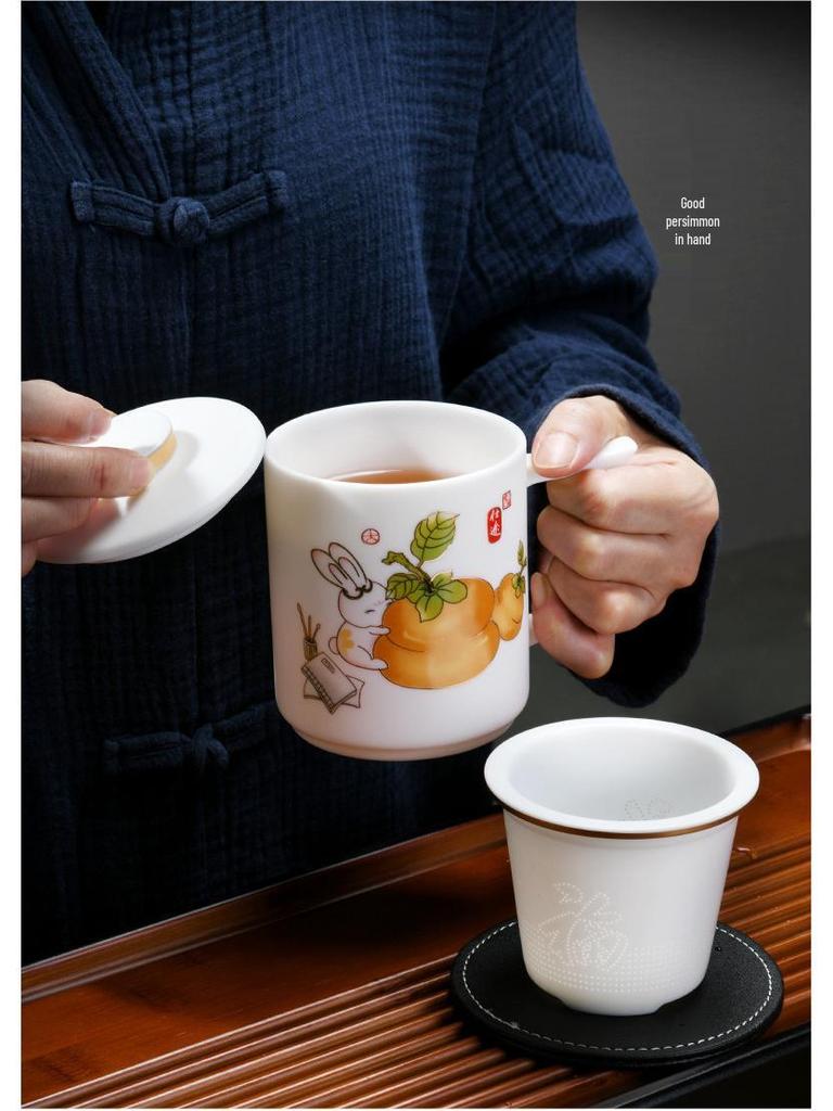 Handmade Mutton Fat Jade Porcelain Mug with Lid and Filter - Luxury Office Teacup