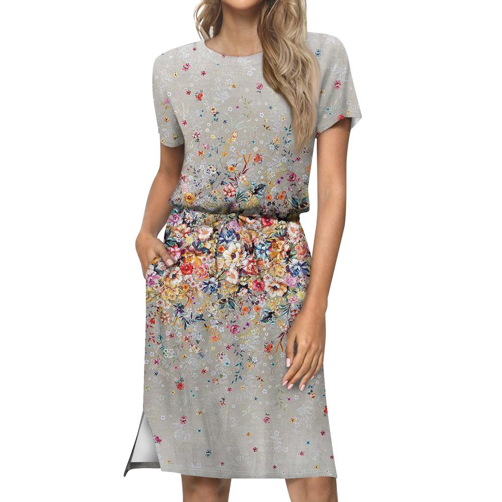 Women's Lashionable Loose Fitting Casual Printed Round Neck Short Sleeved Drawstring Pocket Dress