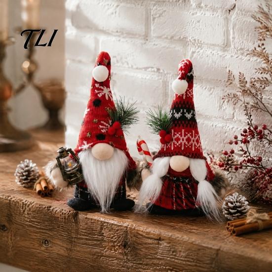 Cute Christmas Souvenirs Plush Gnome Decoration, Nordic Xmas Scandinavian Tomte Elf with Beard Pine Tree Branch for Desk Shelf Fireplace Winter