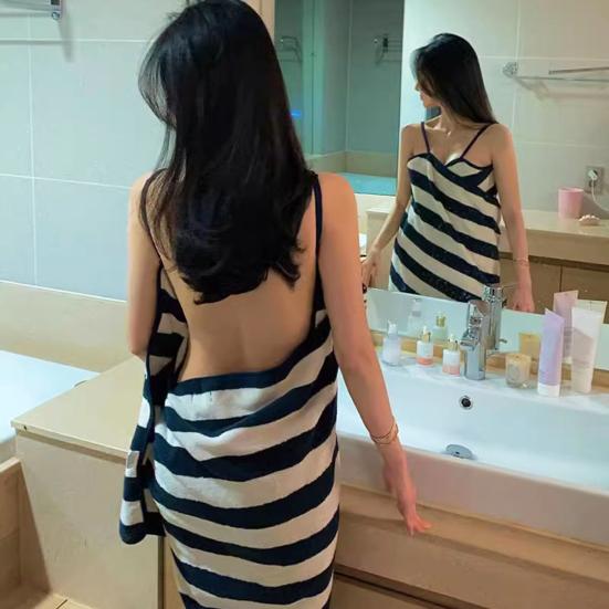 Women Wrap Skirt Bath Towel Striped Print Backless Beachwear Wrap Pool Gym Beach Spa Wrap Towel Swimwear Cover-up