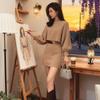 Women's French Style Knit Dress & Skirt Set - Coffee-Colored, Slim Fit, Waist-Cinched, Elegant, Perfect for Autumn/Winter