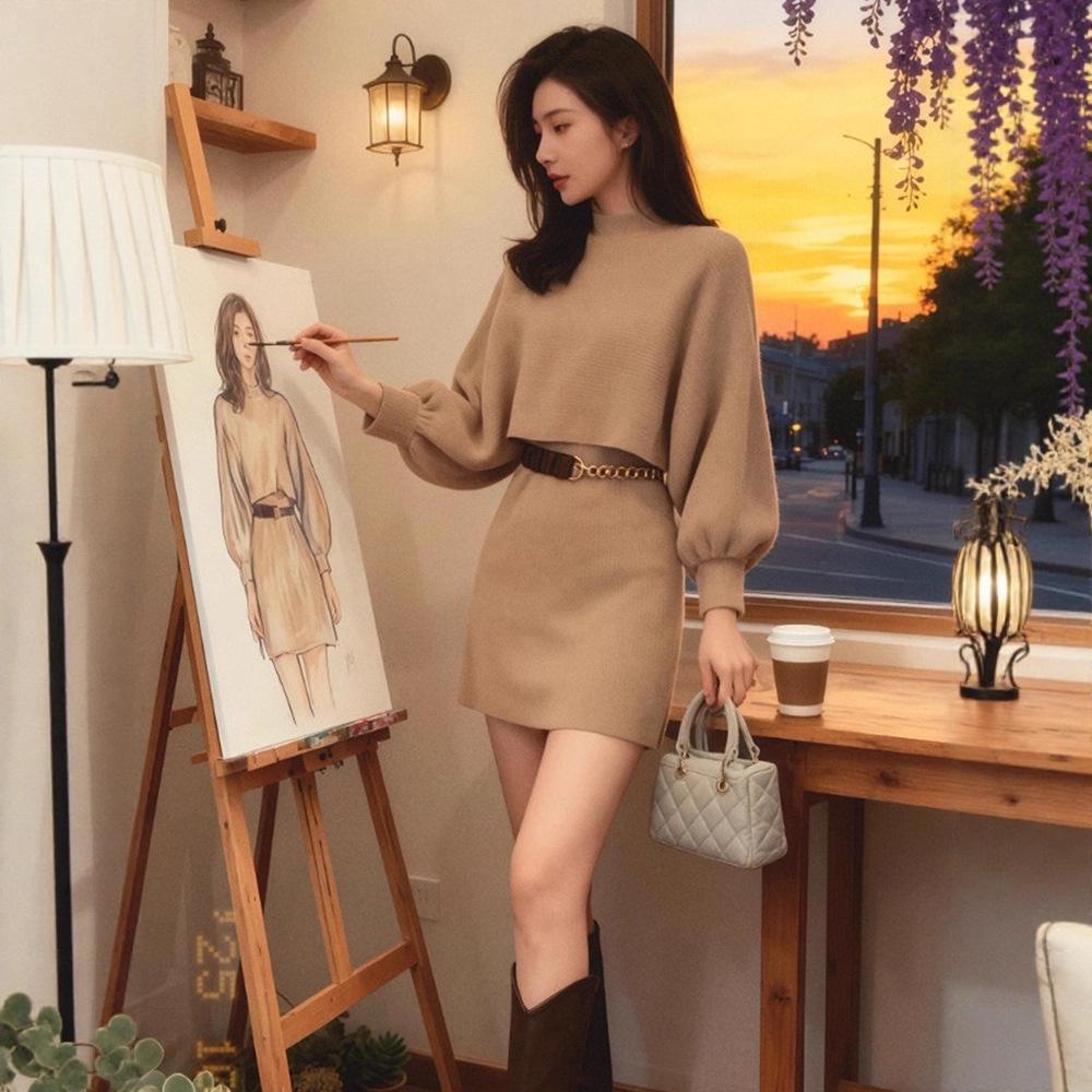 Women s French Style Knit Dress & Skirt Set - Coffee-Colored, Slim Fit, Waist-Cinched, Elegant, Perfect for Autumn/Winter Large