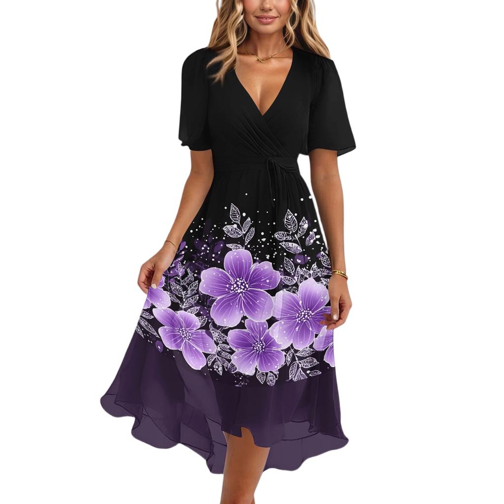 Women's Casual V Neck Short Sleeve Floral Print Dress Midi Length Lightweight Summer Dress with Elastic Waist and Flared Skirt
