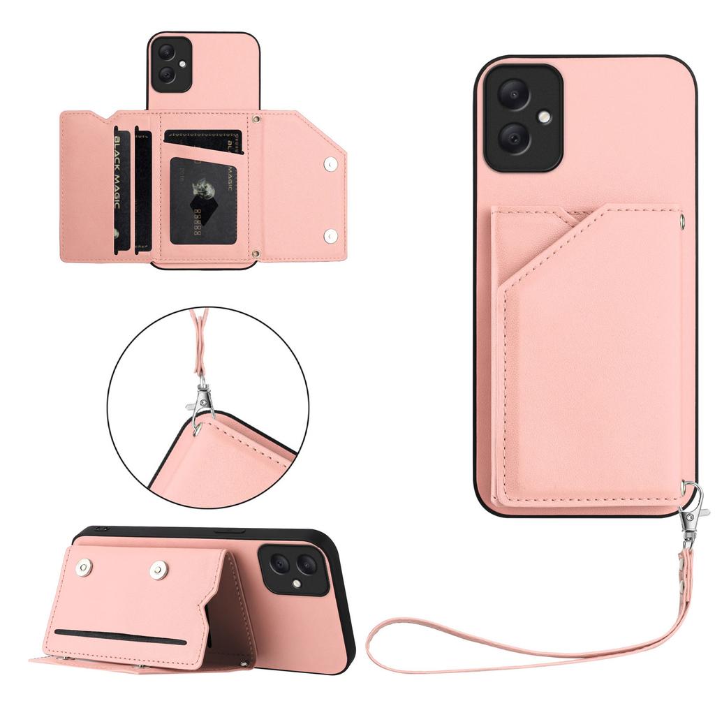 For Samsung Galaxy A05 4G Case Card Holder Kickstand Skin-Touch Phone Cover with Wrist Strap