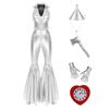 Women Tin Costume Halloween Jumpsuit Sequin Front Zipper Lapel V Neck Sleeveless Bell-bottom with Hat Axe Gloves Heart Clock Brooch for Themed Party