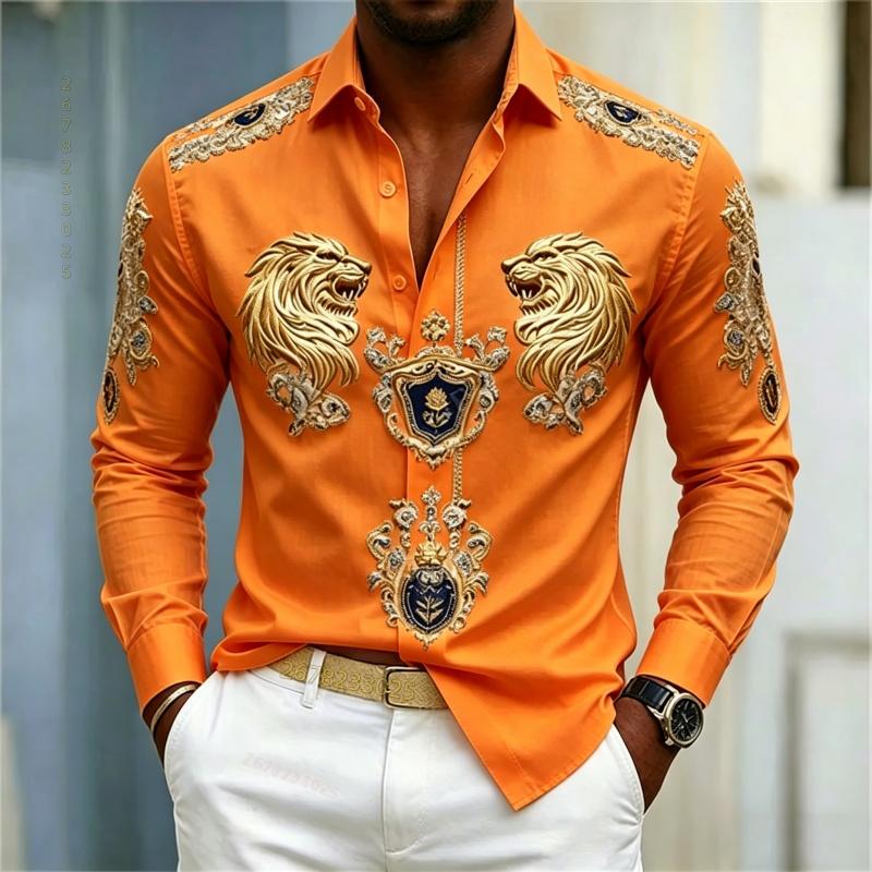 Camicia da uomo stile Barocco testa di leone design slim fit manica lunga camicia Business casual stile street abbigliamento uomo XS-6XL