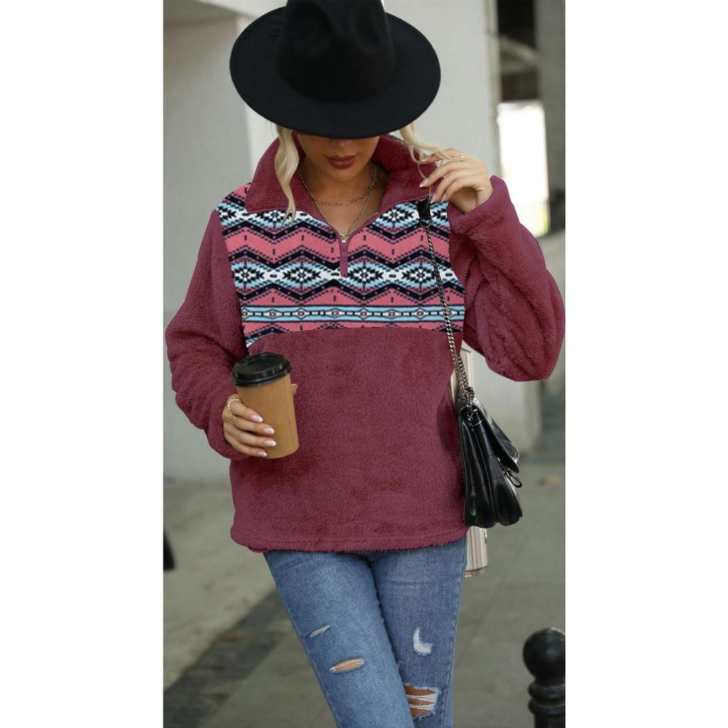 Women's Fleece Half Zip Sweatshirt, Oversized Stand Collar Long Sleeve Printed Pullover with Pocket, Autumn Winter Casual European American Streetwear