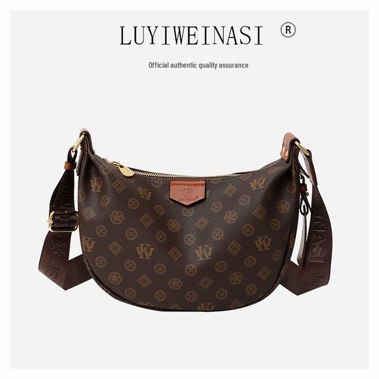 Elegant Women's 2025 Retro Monogram Dumpling Crossbody Handbag with Wide Strap and Large Capacity