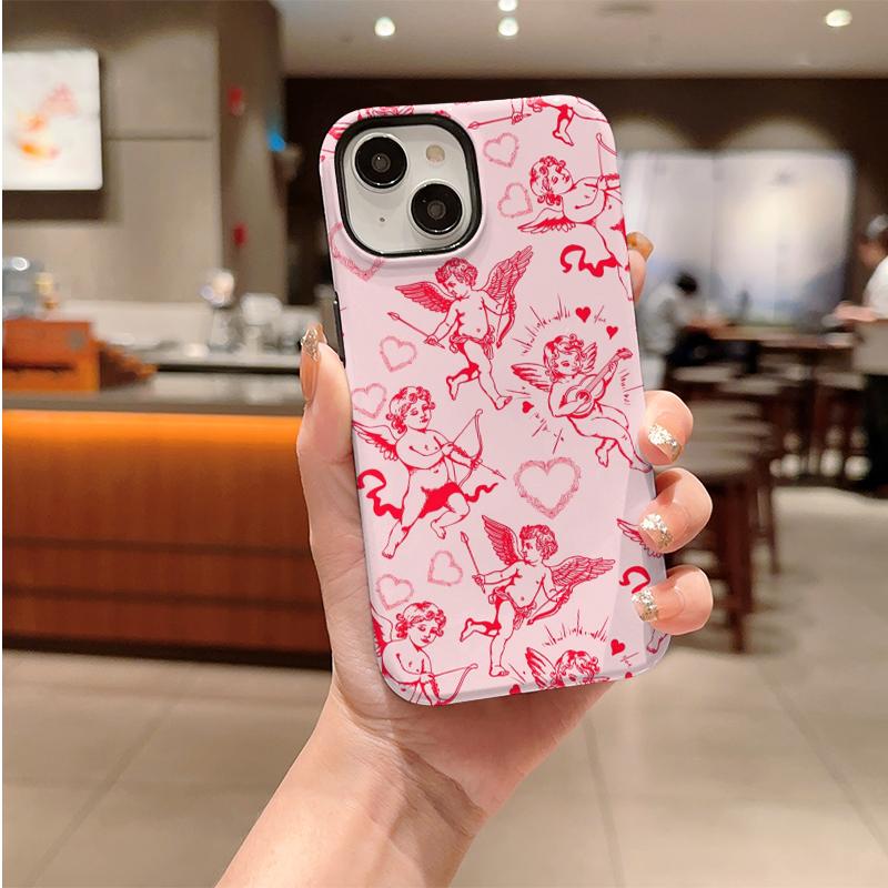 Light Pink Red Cupid Angel Heart Line Print Soft Silicone Shockproof Phone Case Romantic Valentine Gift For iPhone 17 16 15 14 13 12 11 Pro Max Mini