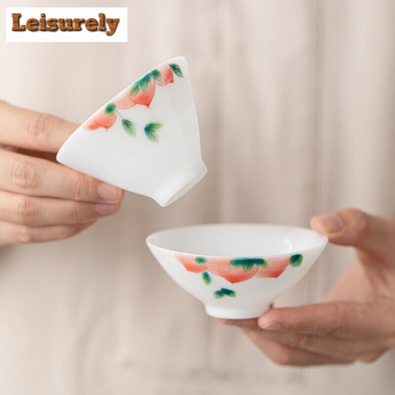 4pc/set Ice Seed Jade Porcelain Teacup Hand-painted Peach Cup Dehua White Hat Cup Ceramic Master Cup Tea Pair Set Tea Gift Box