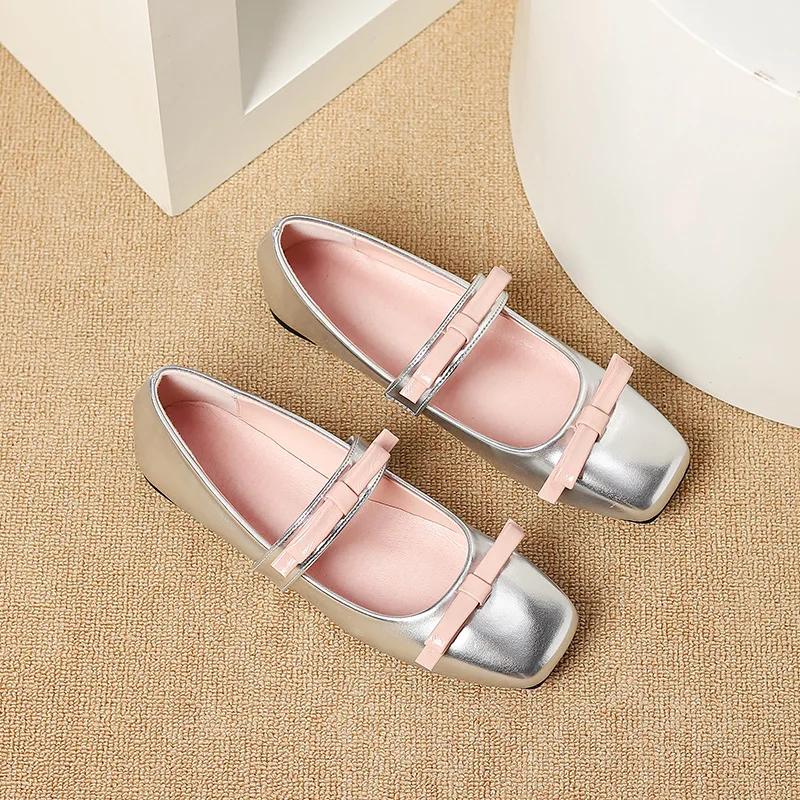 PU Leather Bow Tie Shoes Women Black Flats Mary Janes Shoes Ladies Elegant Square Toe Spring Autumn Silver Loafers New