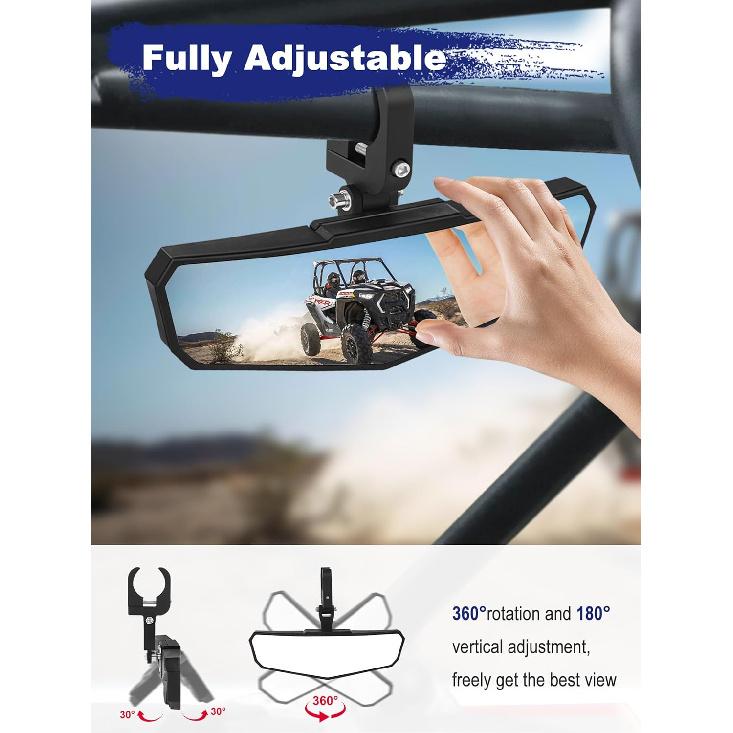 UTV Rear View Mirror, HD SXS UTV Center Mirror With Aluminum Clamp Fits 1.5"-2.0" Roll Cage Mount, Compatible With Polaris RZR, Maverick Can Am X3,