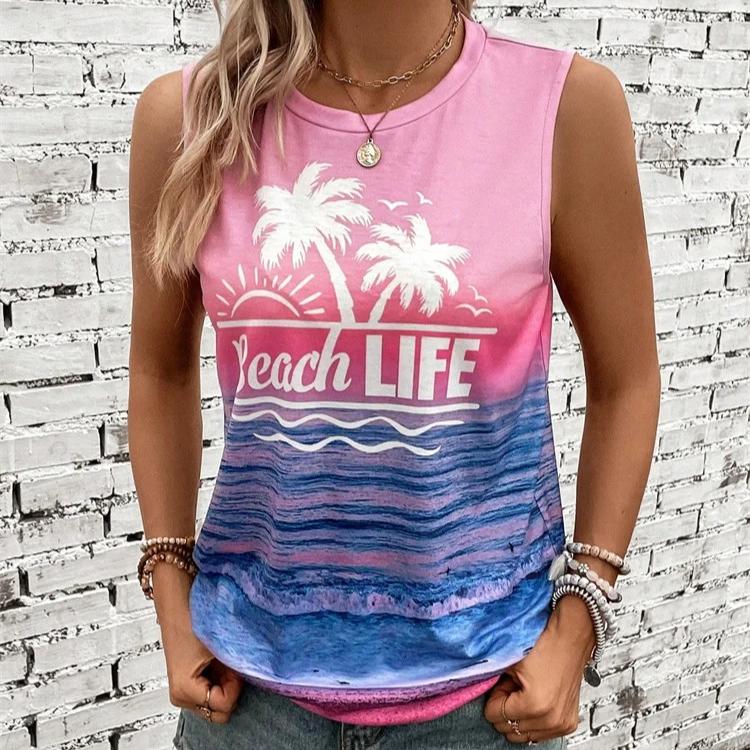 Women's Sleeveless Round-neck Vests Fashionable Coconut Tree Pattern Printed Summer Street Fashion Outdoor Beach Casual Wear