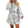 Elegant Printed Short Dress Waist Cinching Strap Lace-up Loose A-line Paery Dresses Fashion Spring Autumn Sweet Long Sleeve Stand Collar Clothing