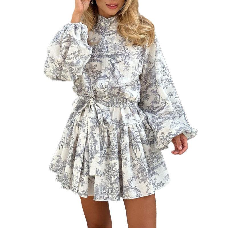 Elegant Printed Short Dress Waist Cinching Strap Lace-up Loose A-line Paery Dresses Fashion Spring Autumn Sweet Long Sleeve Stand Collar Clothing