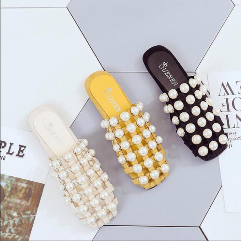 Summer Beach Sandals Shoes Pearl Sandals Thin Belt Flat Women Casual Flat Slippers Women