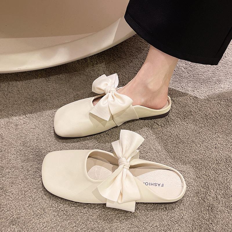 Baotou half slippers women's spring and summer outer wear 2025 new Internet celebrity pearl bow soft bottom fairy wind sandals