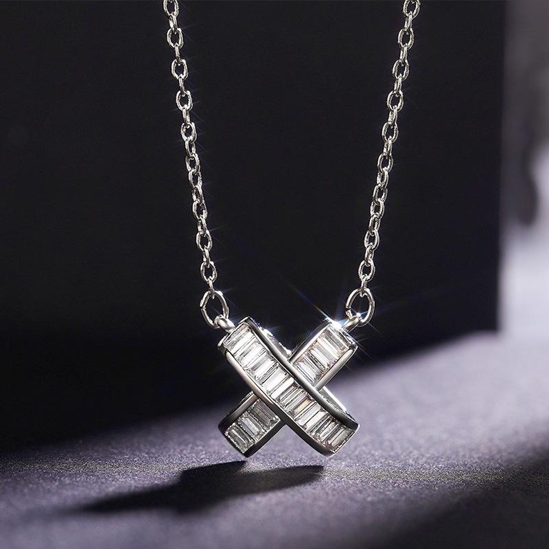 Baguette Cut Cubic Zirconia Letter X Pendant Clavicle Necklace белый