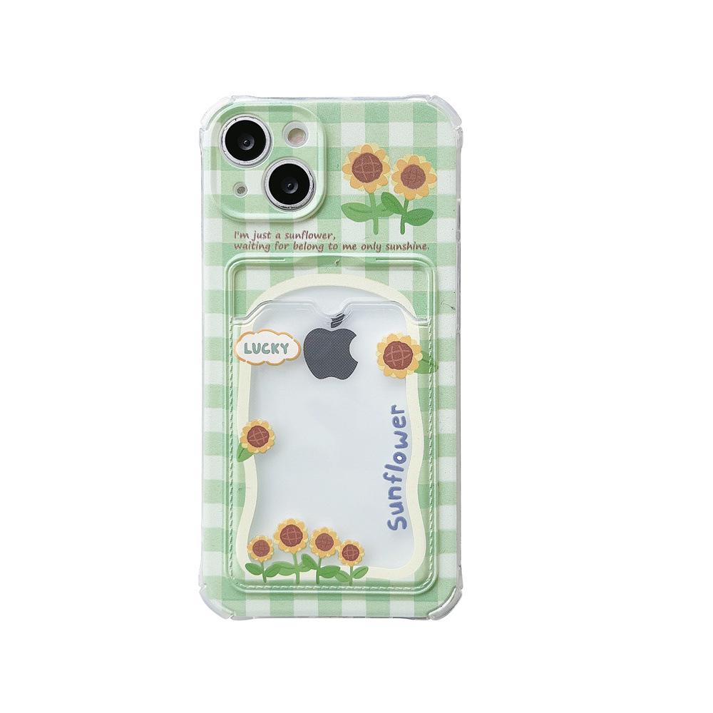 Sunflower Green Grid iPhone Case with Card Slot, Compatible with 14, 15, 16 Pro Max, 12 Pro, 11, 13 Models