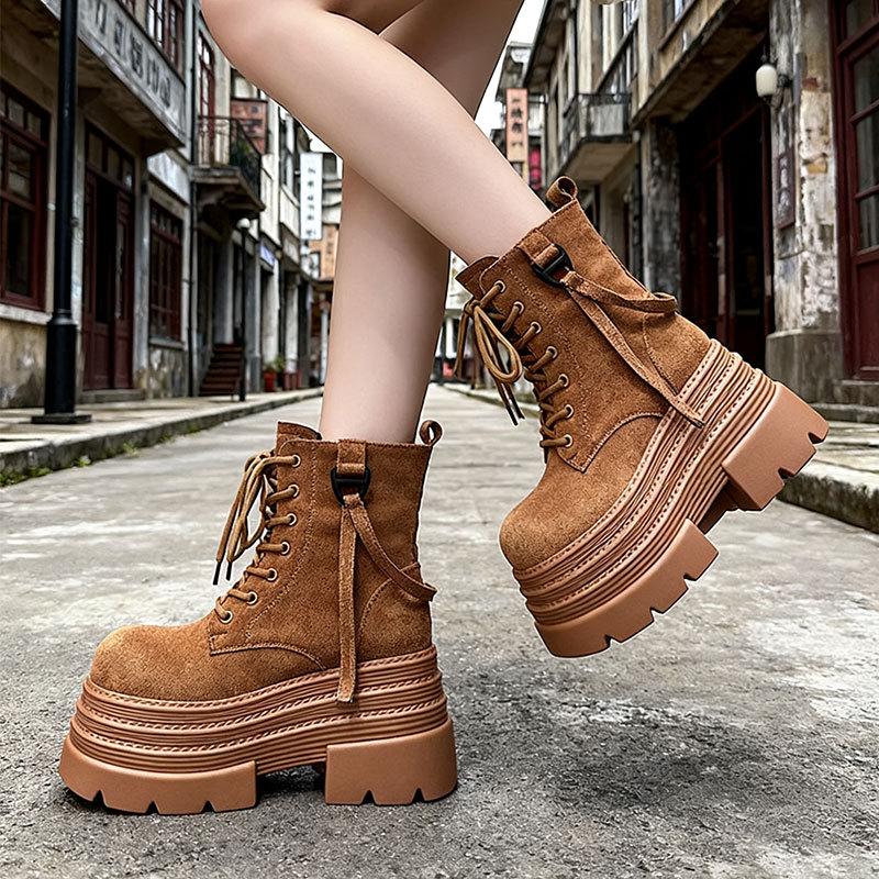British style small thick heel lace-up Martin boots women's 2025 autumn new round head women's boots retro medium tube short boots
