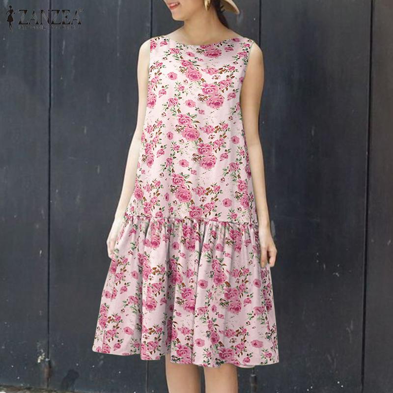 ZANZEA Women Casual Round Neck Sleeveless Floral Print Dress