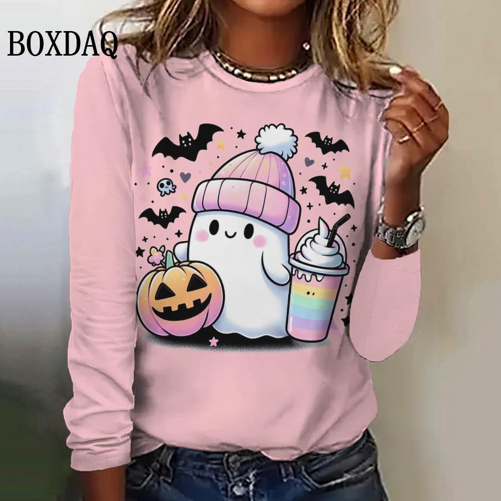 Cute Cartoon Women's Long Sleeved T-Shirts Halloween Ghost Round-Neck Loose Clothing Fashions Festival Casual Ladies Shirts Tops