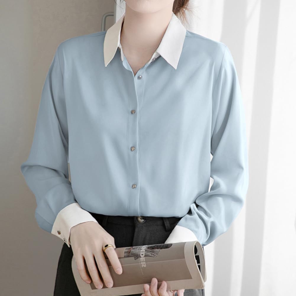 Yino Long Sleeve Collared Shirt Perfect for Spring Women's Two-Tone Blouse, Flattering, Slimming, Simple, Elegant, Casual, Commuting, Office, Formal,