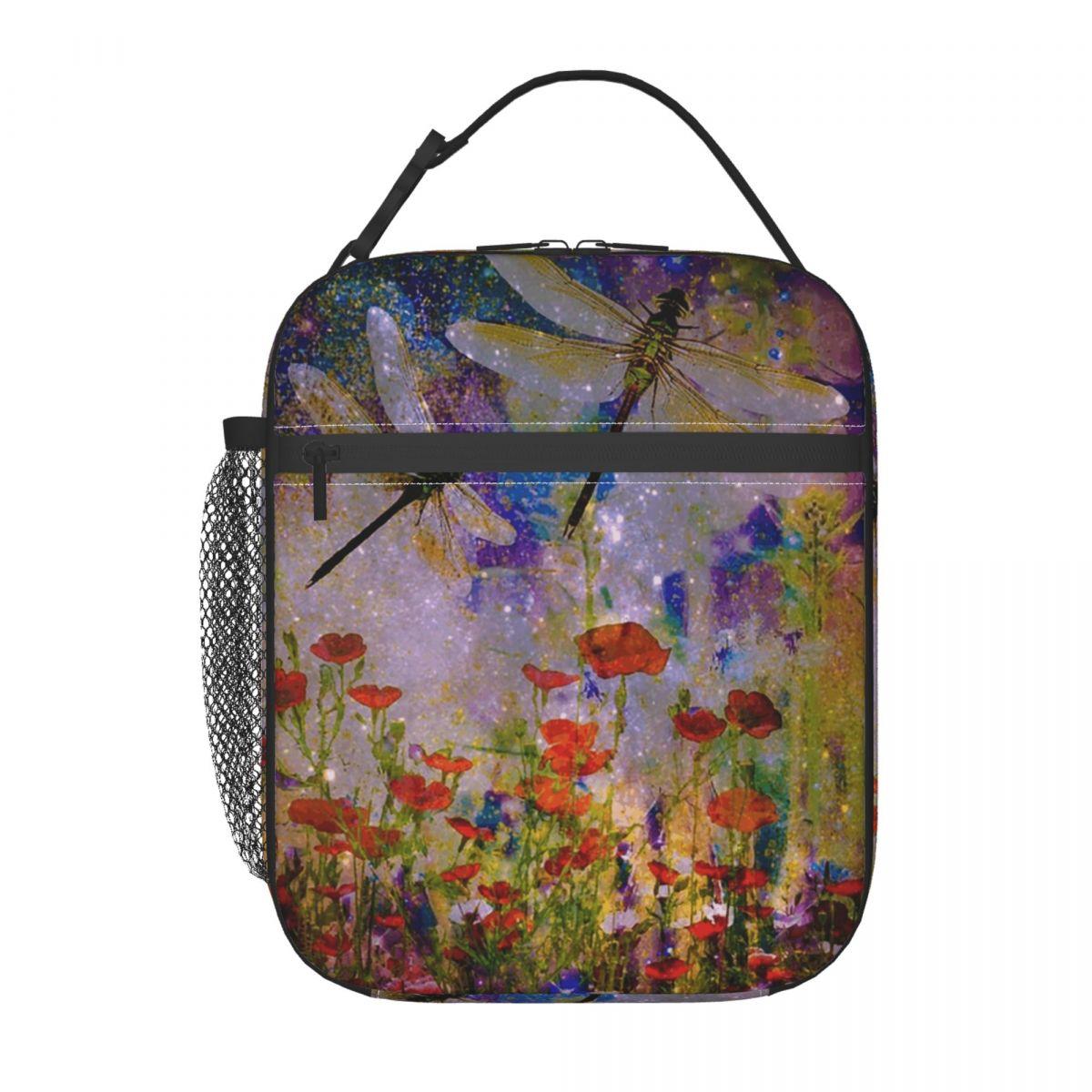 Dragonfly And Flower Painting Insulated Lunch Bag for Women Office Cooler Thermal Food Box Tote Portable Lunch Boxes Container One Size